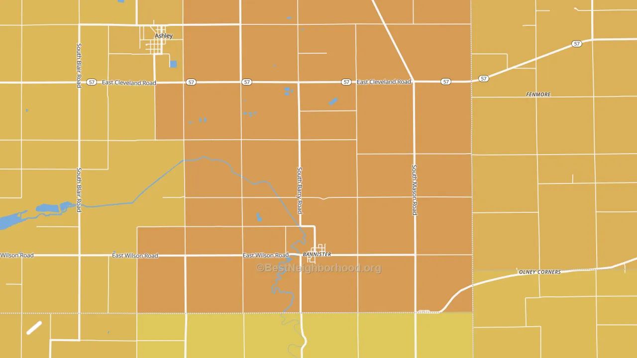 Map of the best neighborhoods in the Bannister area, with better matches in green and worse matches in red
