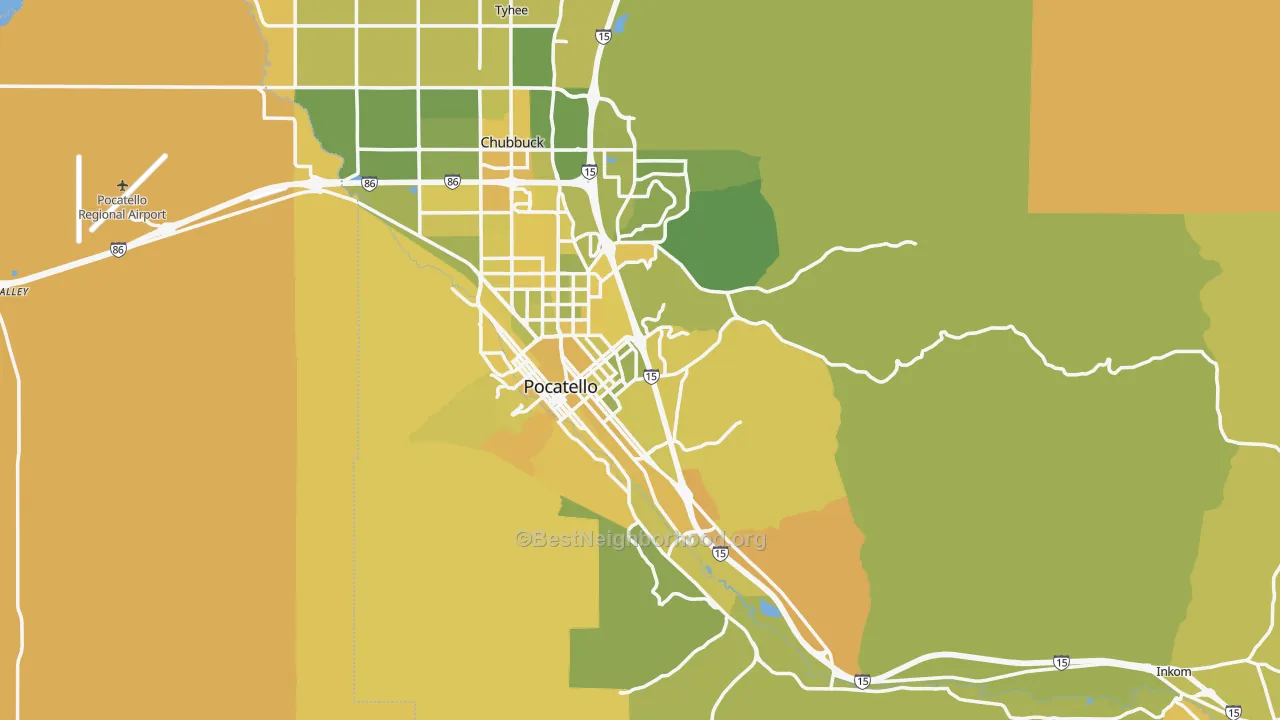 Map of the best neighborhoods in the Bannock County area, with better matches in green and worse matches in red