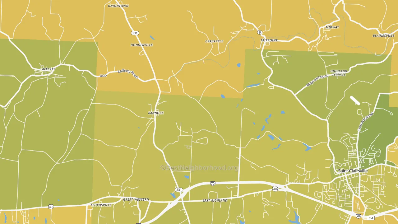 Map of the best neighborhoods in the Bannock area, with better matches in green and worse matches in red