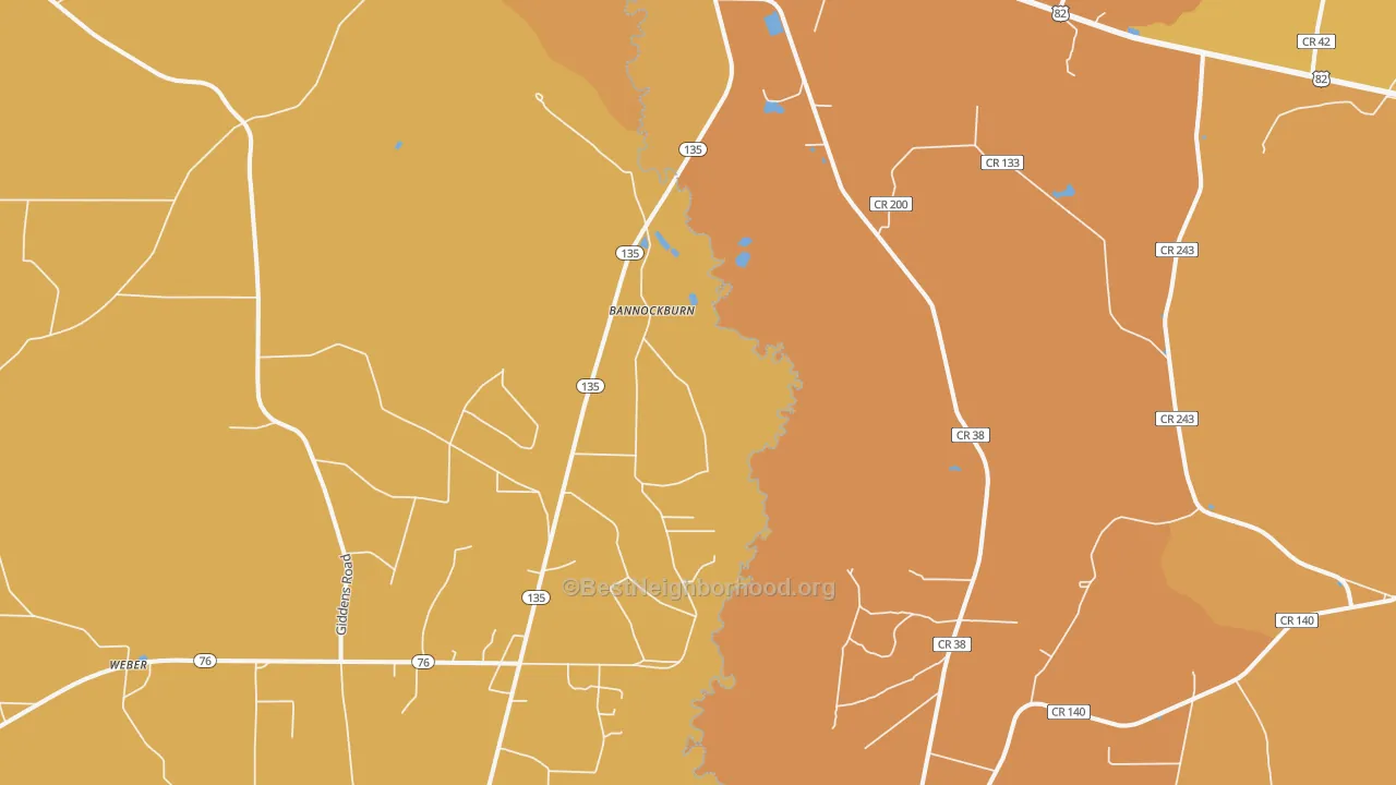 Map of the best neighborhoods in the Bannockburn area, with better matches in green and worse matches in red