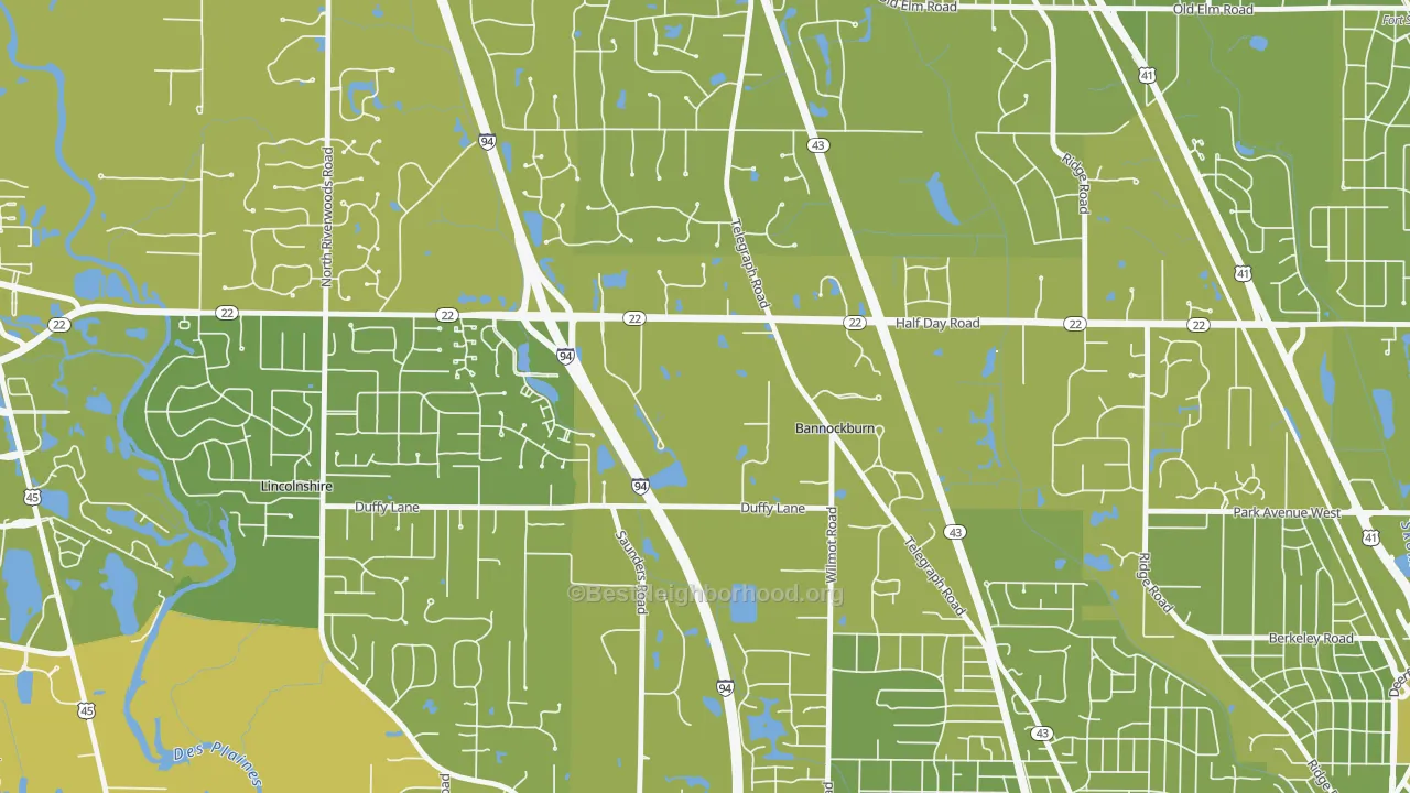 Map of the best neighborhoods in the Bannockburn area, with better matches in green and worse matches in red