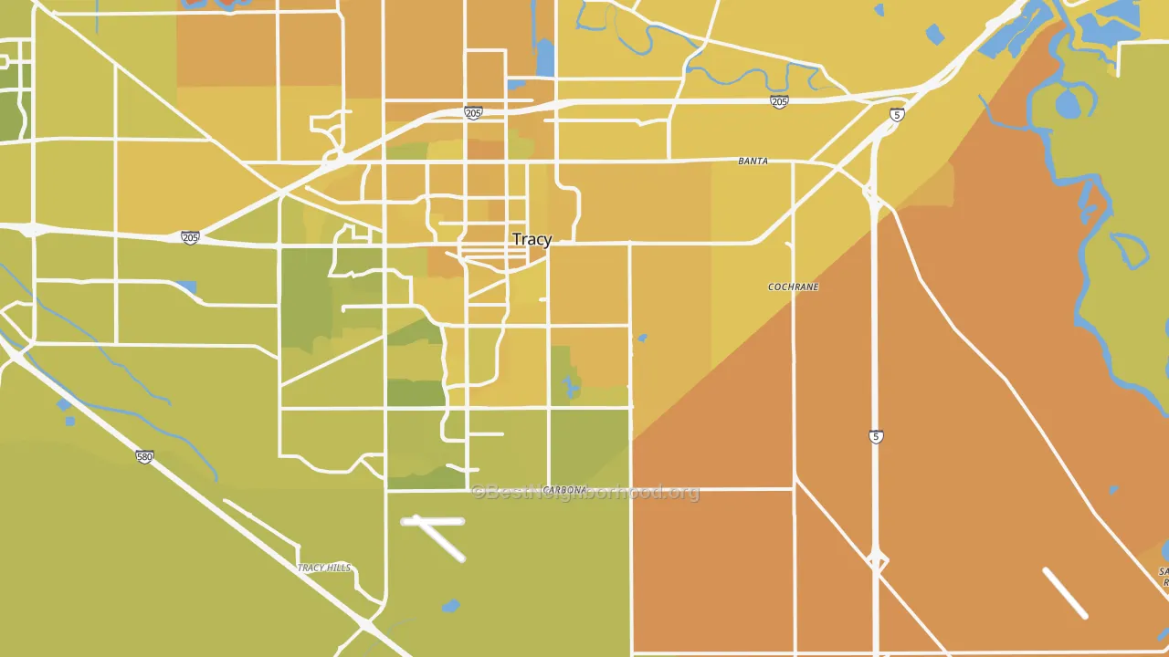 Map of the best neighborhoods in the Banta area, with better matches in green and worse matches in red