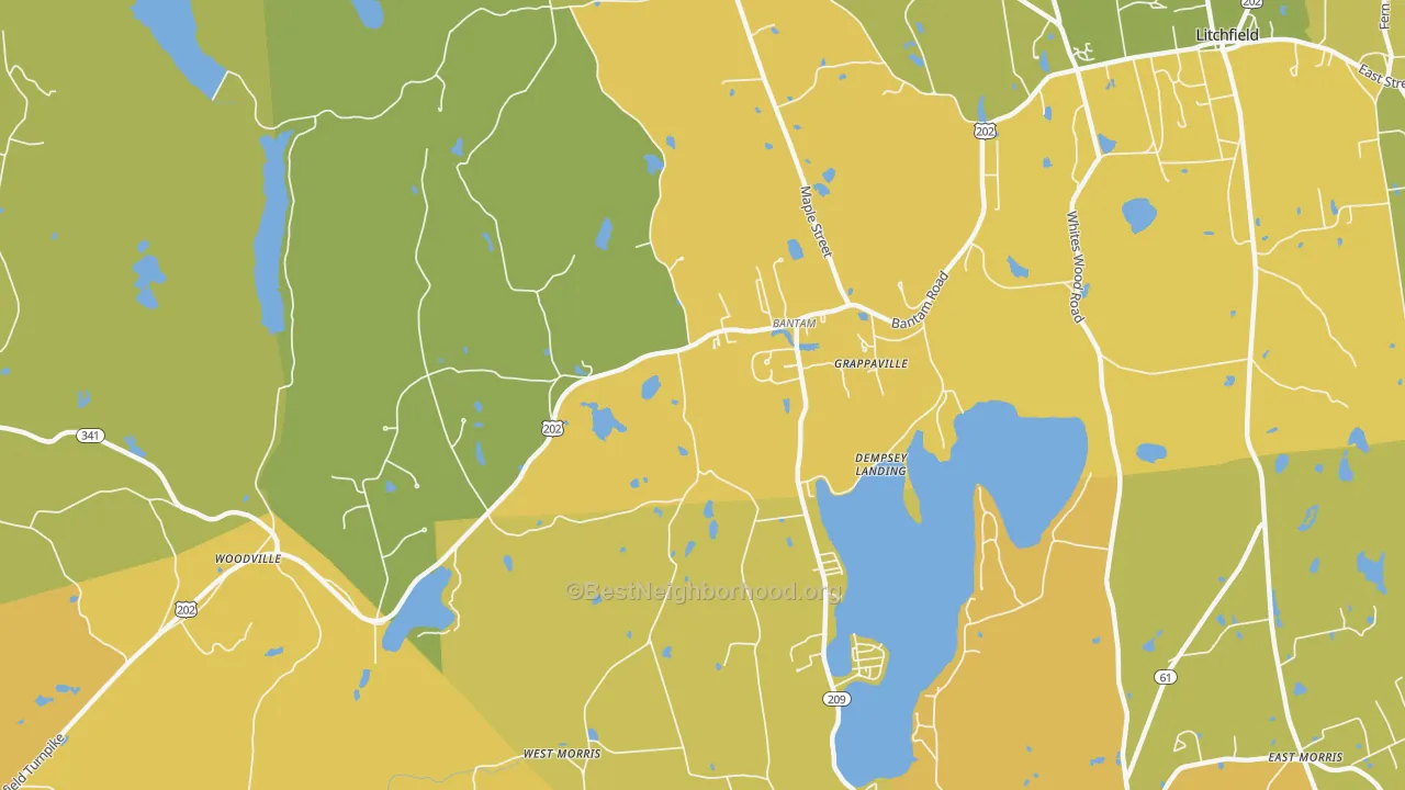 Map of the best neighborhoods in the Bantam area, with better matches in green and worse matches in red