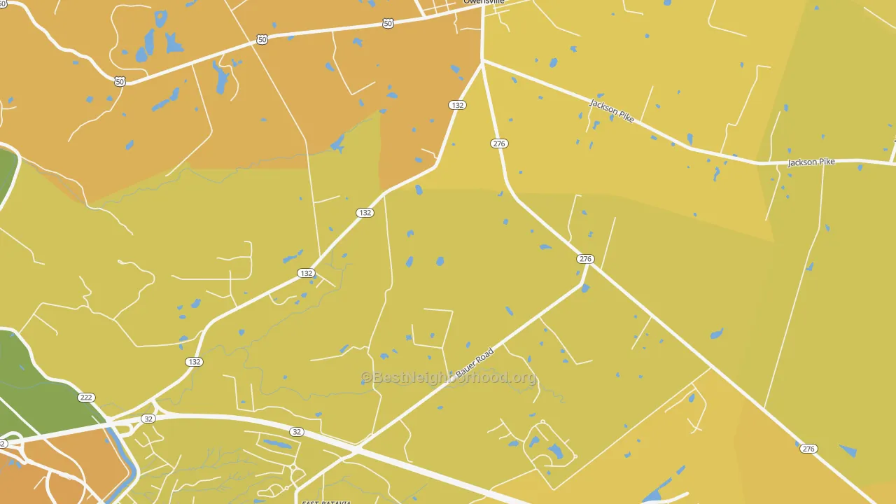Map of the best neighborhoods in the Bantam area, with better matches in green and worse matches in red