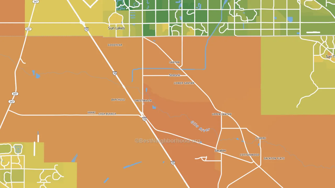 Map of the best neighborhoods in the Bapchule area, with better matches in green and worse matches in red
