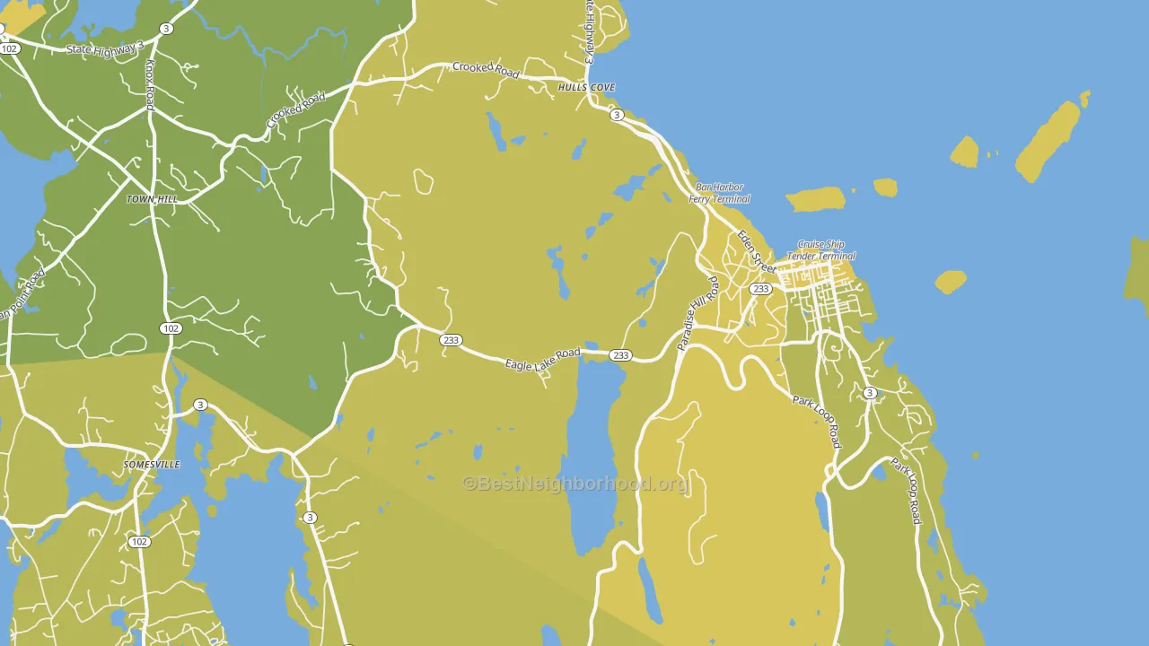 Map of the best neighborhoods in the Bar Harbor area, with better matches in green and worse matches in red