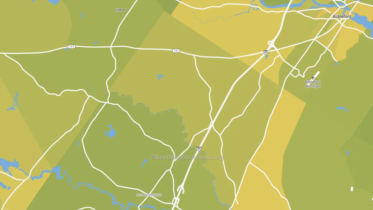 Map of the best neighborhoods in the Bar Mills area, with better matches in green and worse matches in red