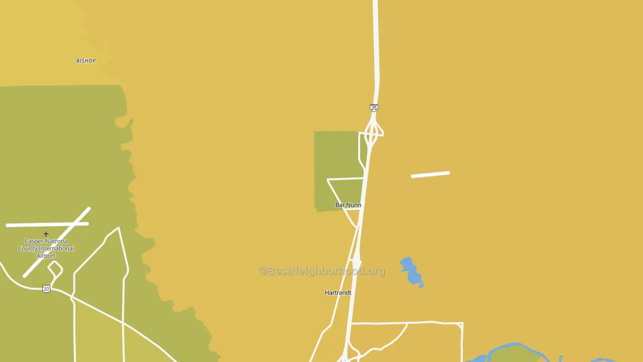 Map of the best neighborhoods in the Bar Nunn area, with better matches in green and worse matches in red