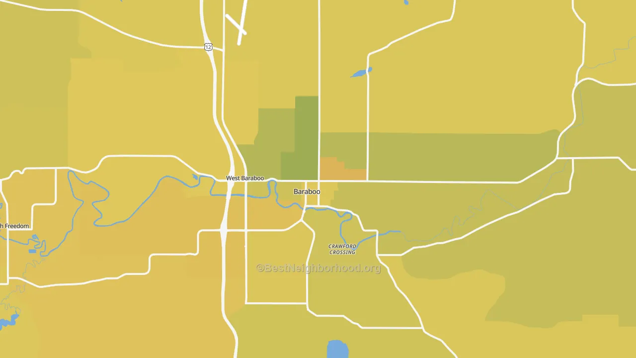 Map of the best neighborhoods in the Baraboo area, with better matches in green and worse matches in red