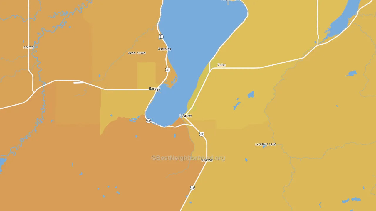 Map of the best neighborhoods in the Baraga County area, with better matches in green and worse matches in red