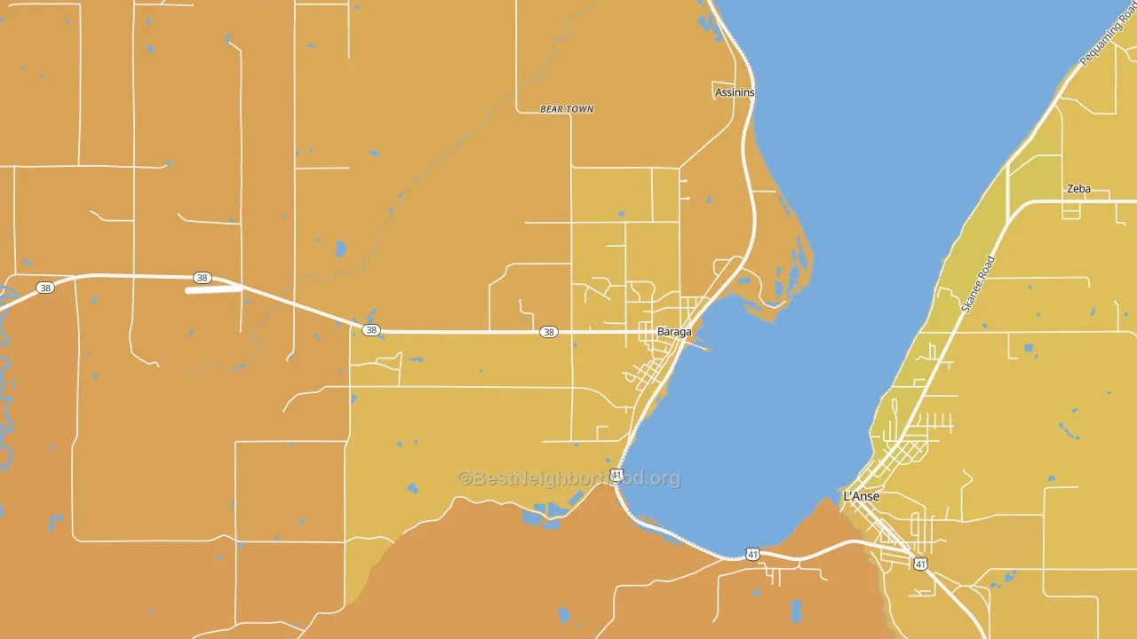 Map of the best neighborhoods in the Baraga area, with better matches in green and worse matches in red