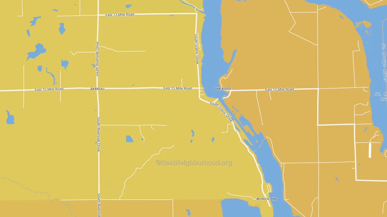Map of the best neighborhoods in the Barbeau area, with better matches in green and worse matches in red