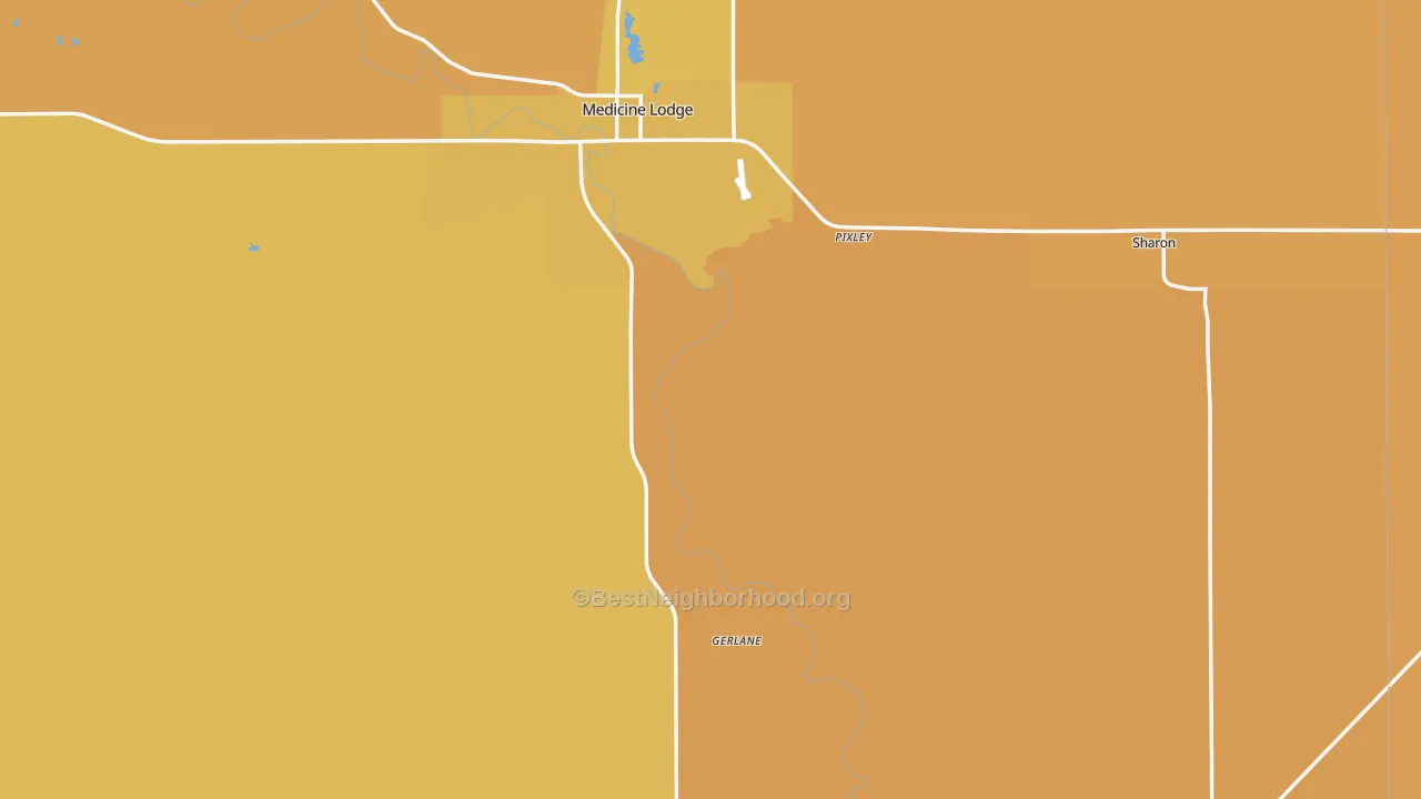 Map of the best neighborhoods in the Barber County area, with better matches in green and worse matches in red