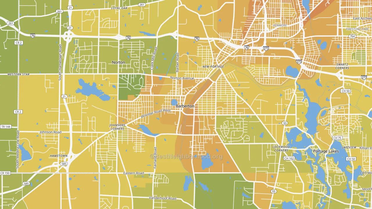 Map of the best neighborhoods in the Barberton area, with better matches in green and worse matches in red