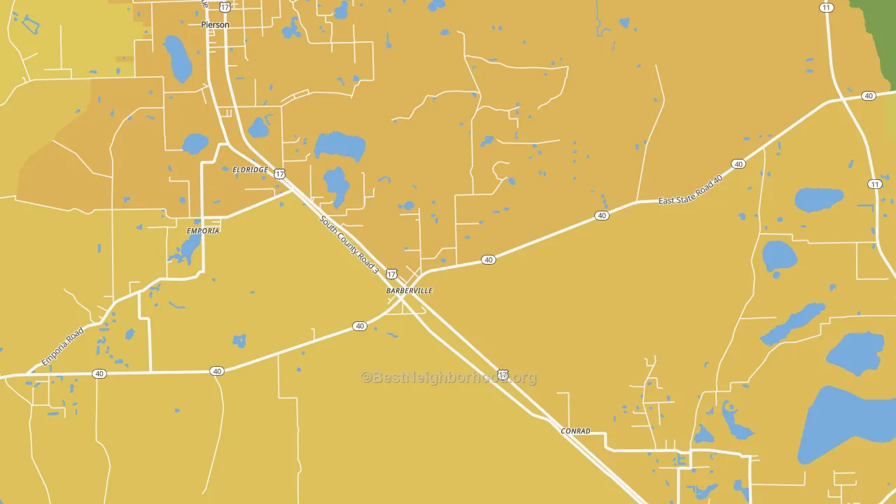 Map of the best neighborhoods in the Barberville area, with better matches in green and worse matches in red