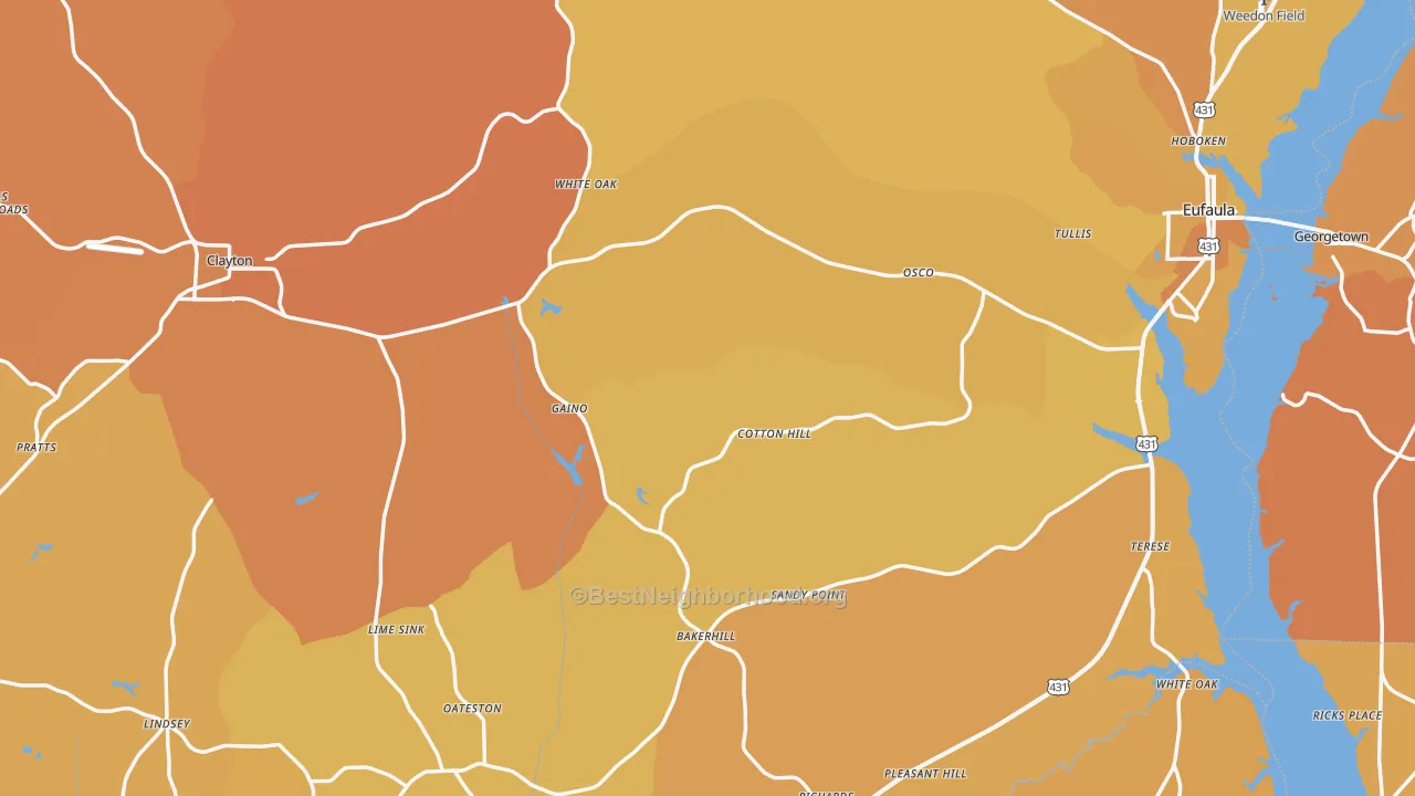 Map of the best neighborhoods in the Barbour County area, with better matches in green and worse matches in red