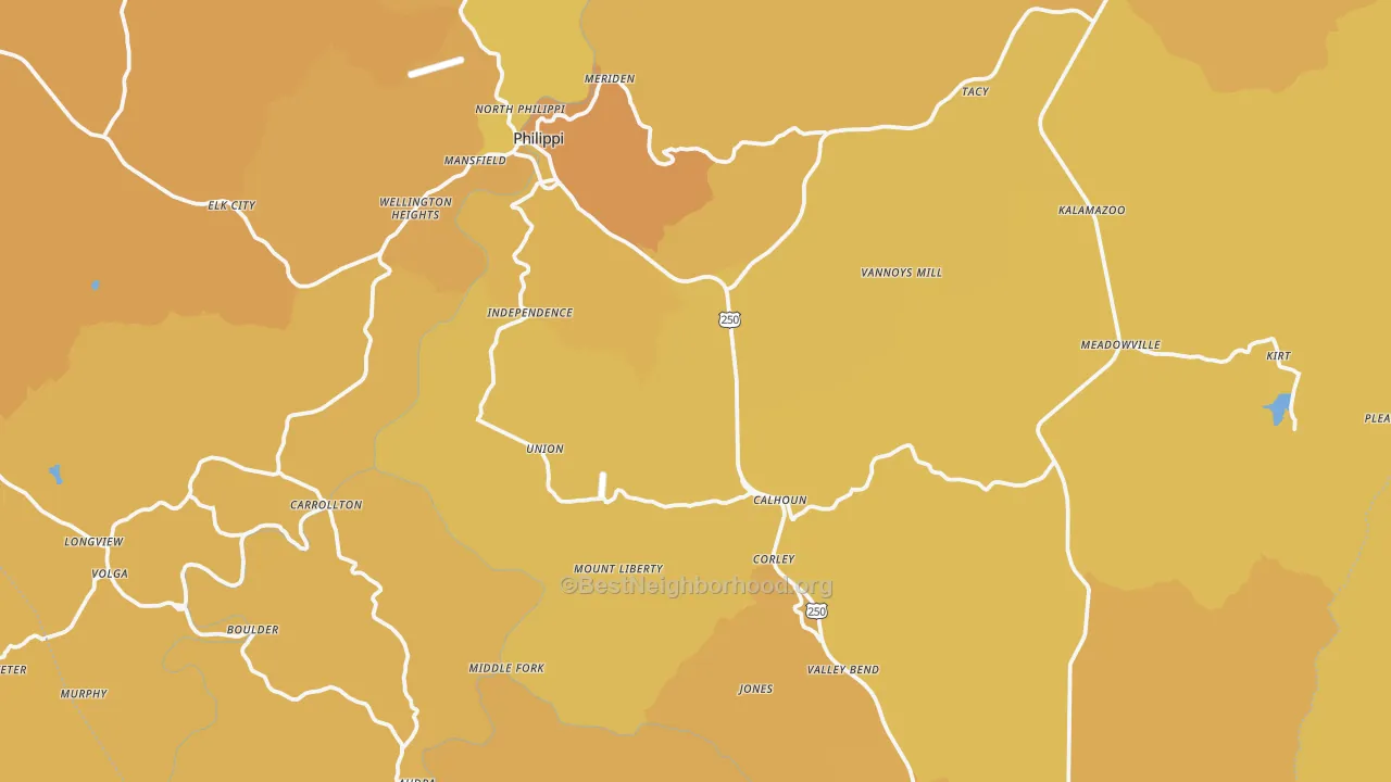 Map of the best neighborhoods in the Barbour County area, with better matches in green and worse matches in red