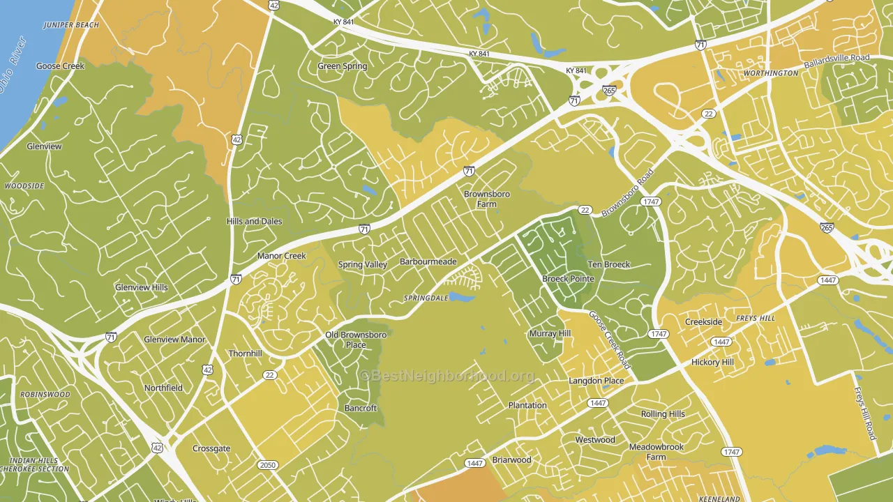 Map of the best neighborhoods in the Barbourmeade area, with better matches in green and worse matches in red