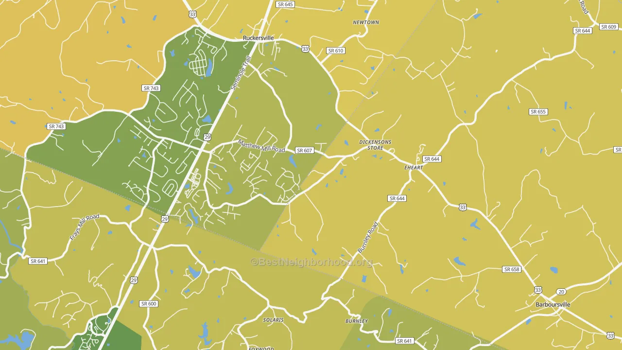 Map of the best neighborhoods in the Barboursville area, with better matches in green and worse matches in red