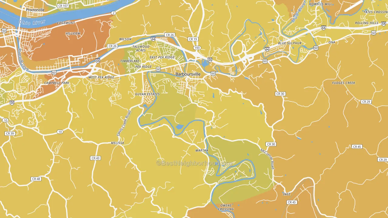 Map of the best neighborhoods in the Barboursville area, with better matches in green and worse matches in red