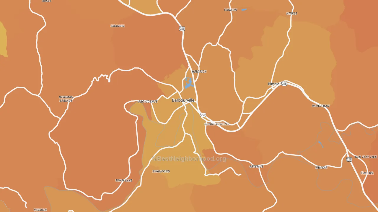 Map of the best neighborhoods in the Barbourville area, with better matches in green and worse matches in red