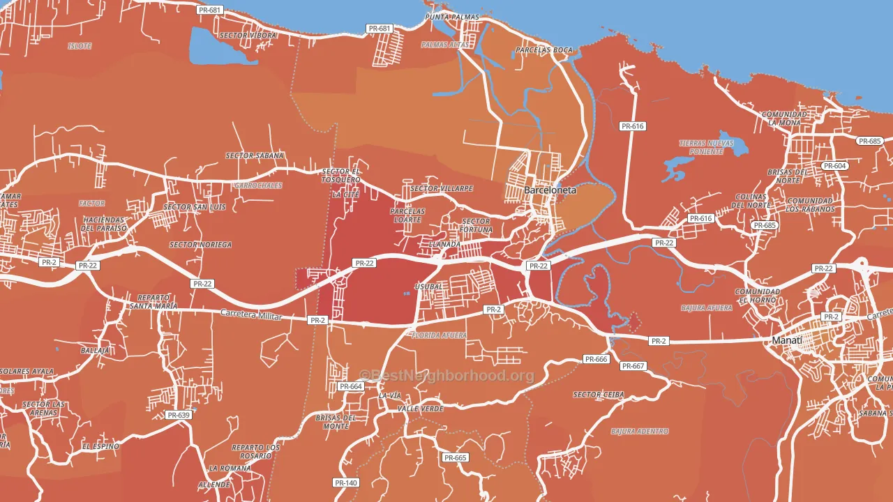 Map of the best neighborhoods in the Barceloneta Municipio area, with better matches in green and worse matches in red