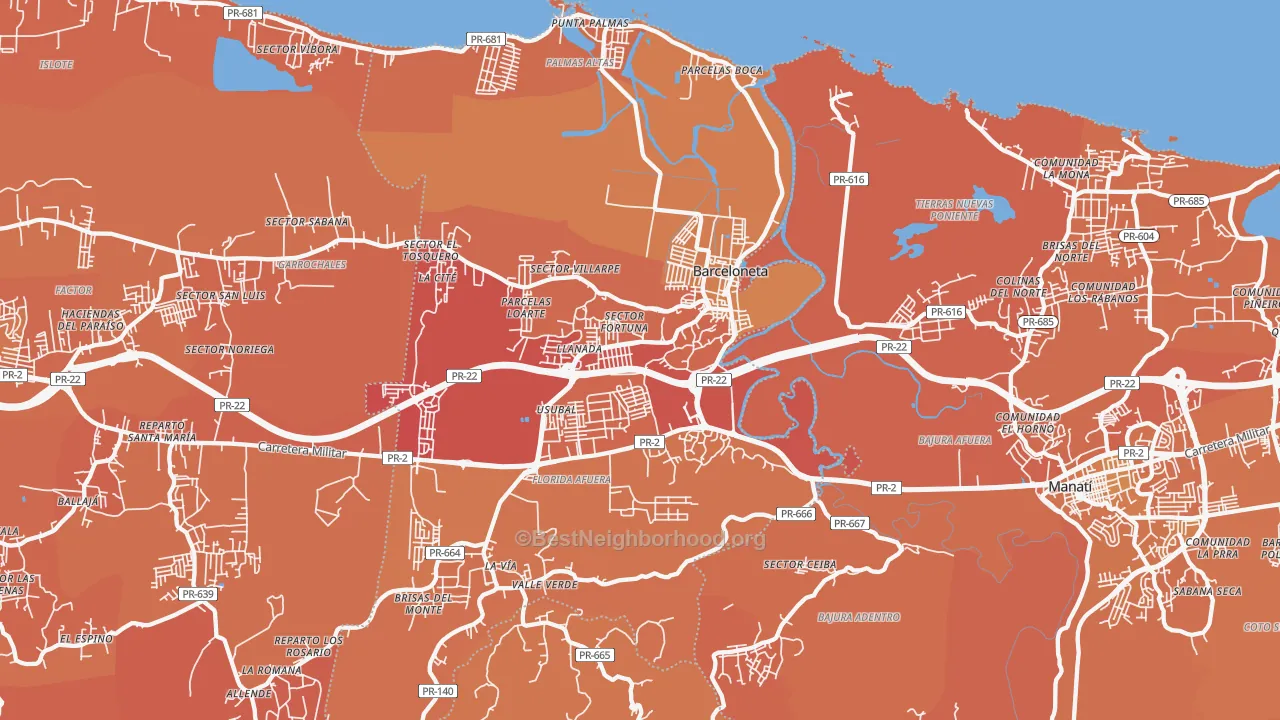 Map of the best neighborhoods in the Barceloneta area, with better matches in green and worse matches in red