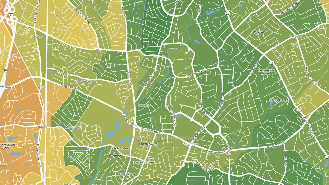 Map of the best neighborhoods in the Barclay Downs, Charlotte area, with better matches in green and worse matches in red