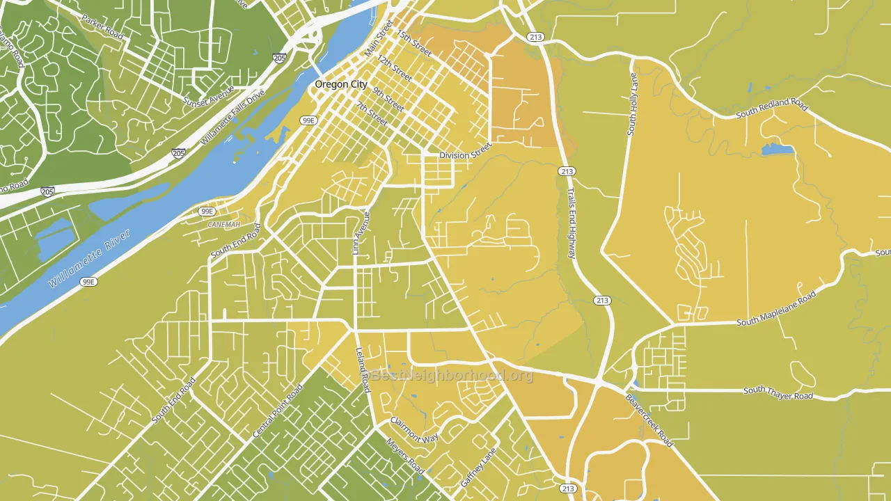Map of the best neighborhoods in the Barclay Hills, Oregon City area, with better matches in green and worse matches in red