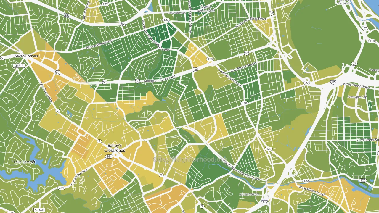 Map of the best neighborhoods in the Barcroft, Arlington area, with better matches in green and worse matches in red