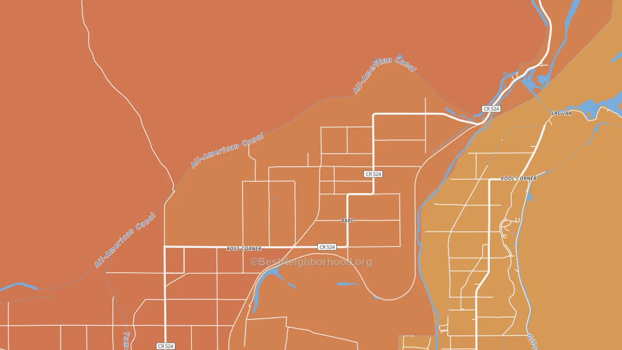 Map of the best neighborhoods in the Bard area, with better matches in green and worse matches in red
