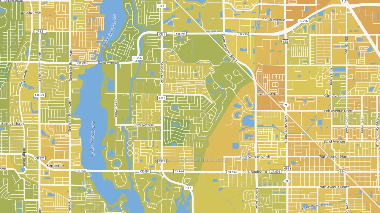 Map of the best neighborhoods in the Bardmoor area, with better matches in green and worse matches in red