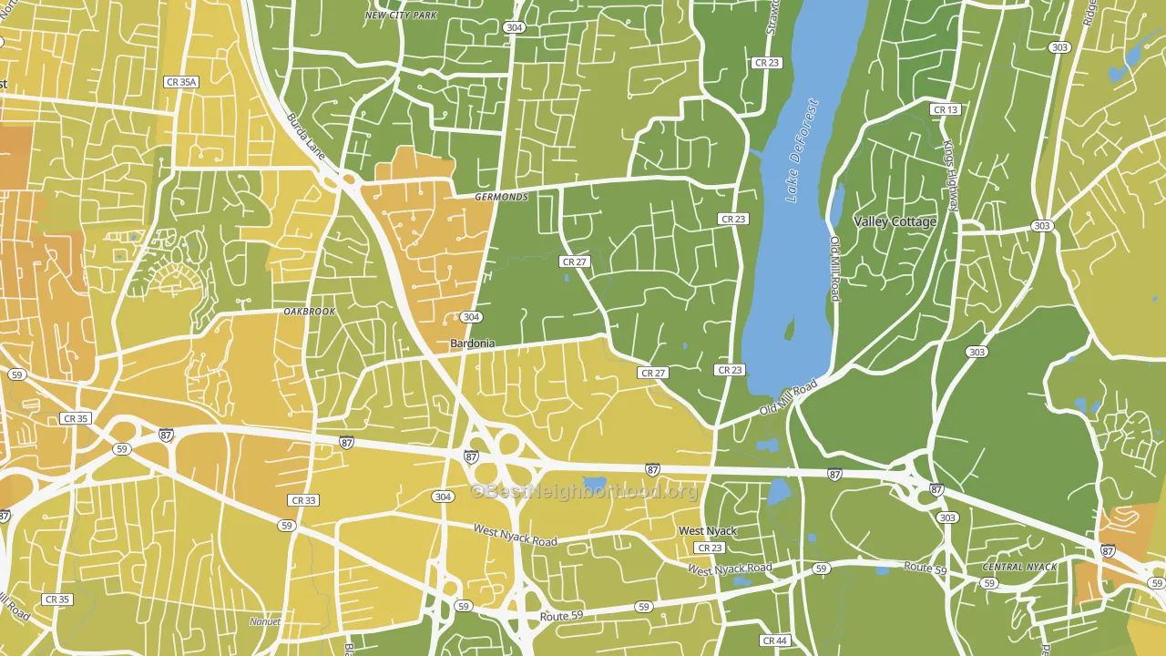 Map of the best neighborhoods in the Bardonia, West Nyack area, with better matches in green and worse matches in red