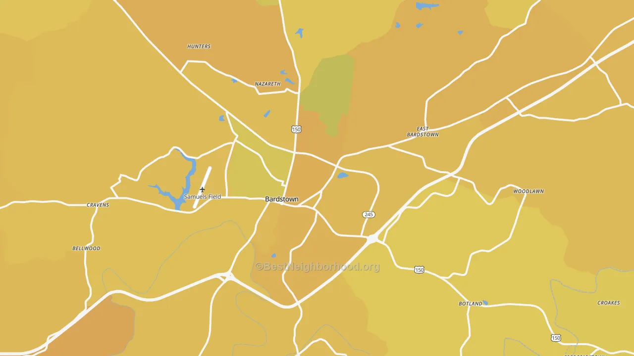 Map of the best neighborhoods in the Bardstown area, with better matches in green and worse matches in red