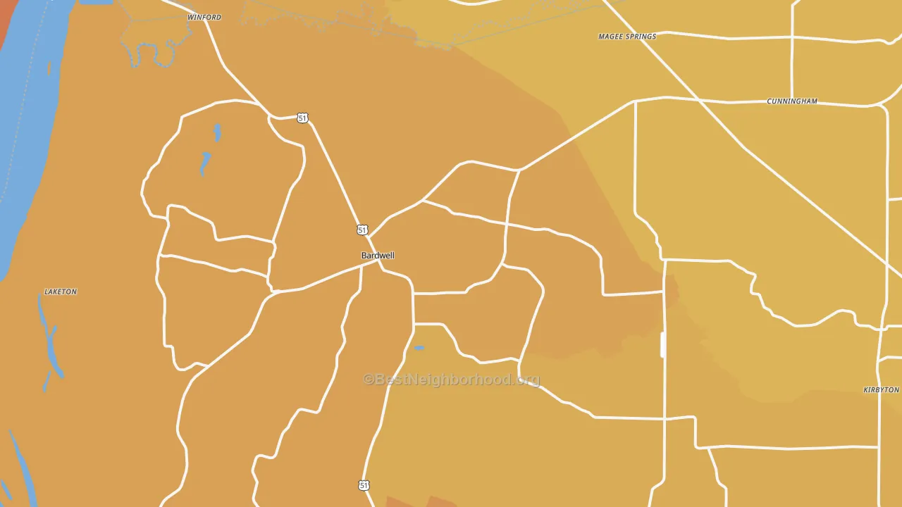 Map of the best neighborhoods in the Bardwell area, with better matches in green and worse matches in red