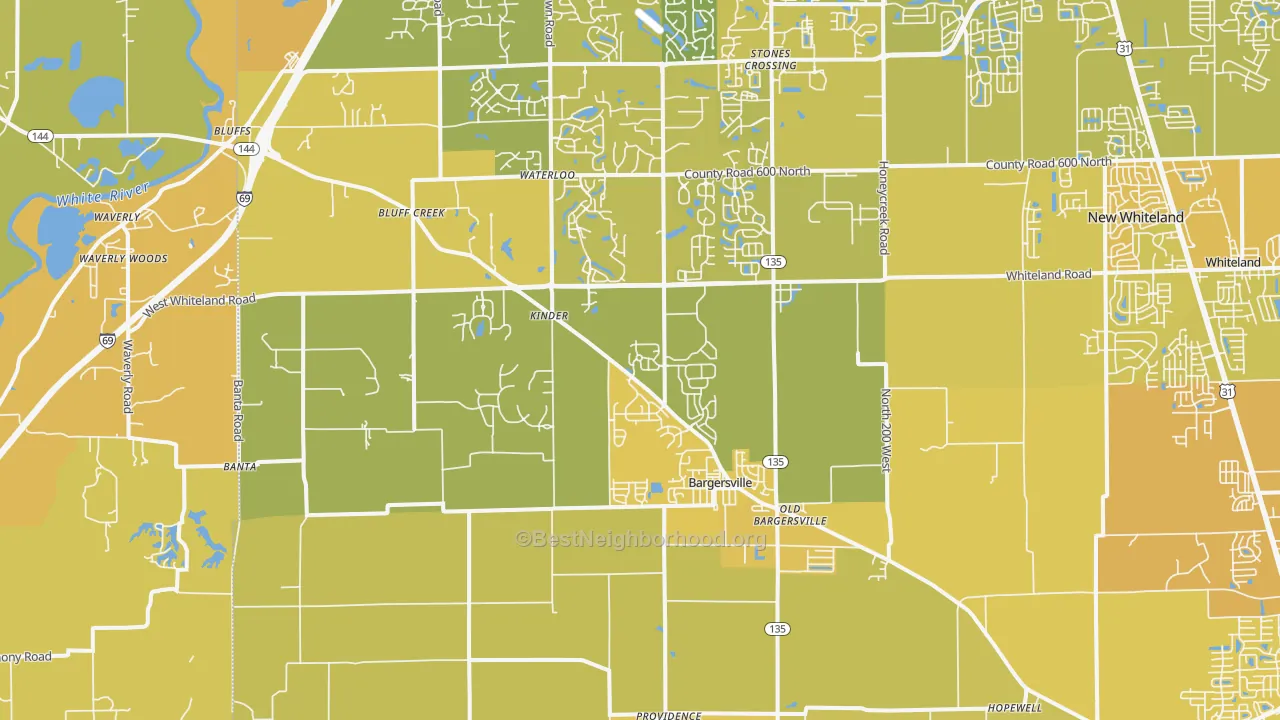 Map of the best neighborhoods in the Bargersville area, with better matches in green and worse matches in red