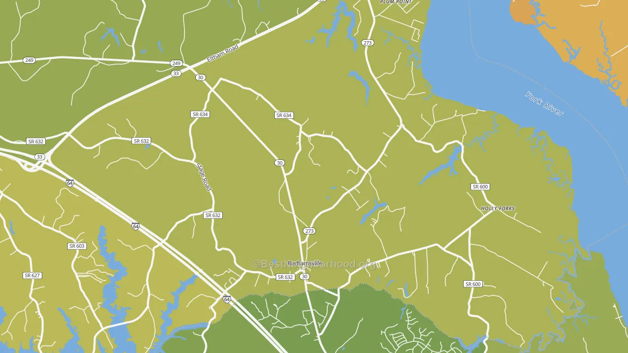 Map of the best neighborhoods in the Barhamsville area, with better matches in green and worse matches in red