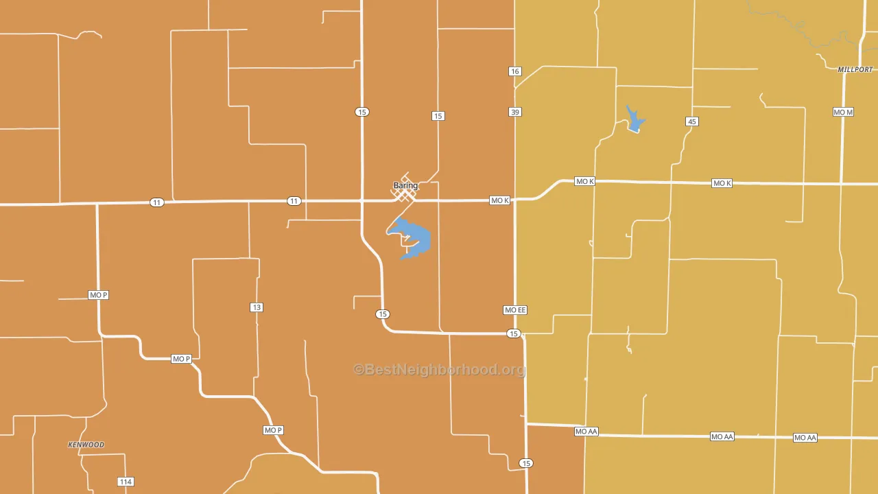 Map of the best neighborhoods in the Baring area, with better matches in green and worse matches in red
