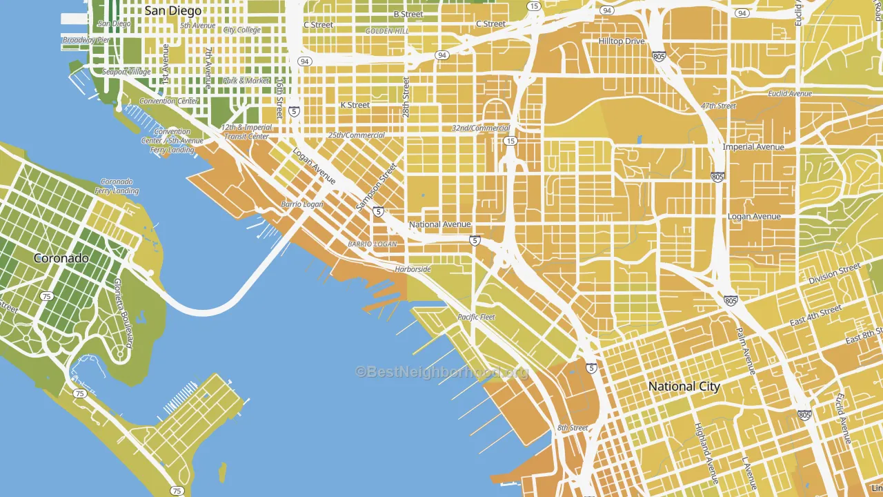 Map of the best neighborhoods in the Bario Logan, San Diego area, with better matches in green and worse matches in red
