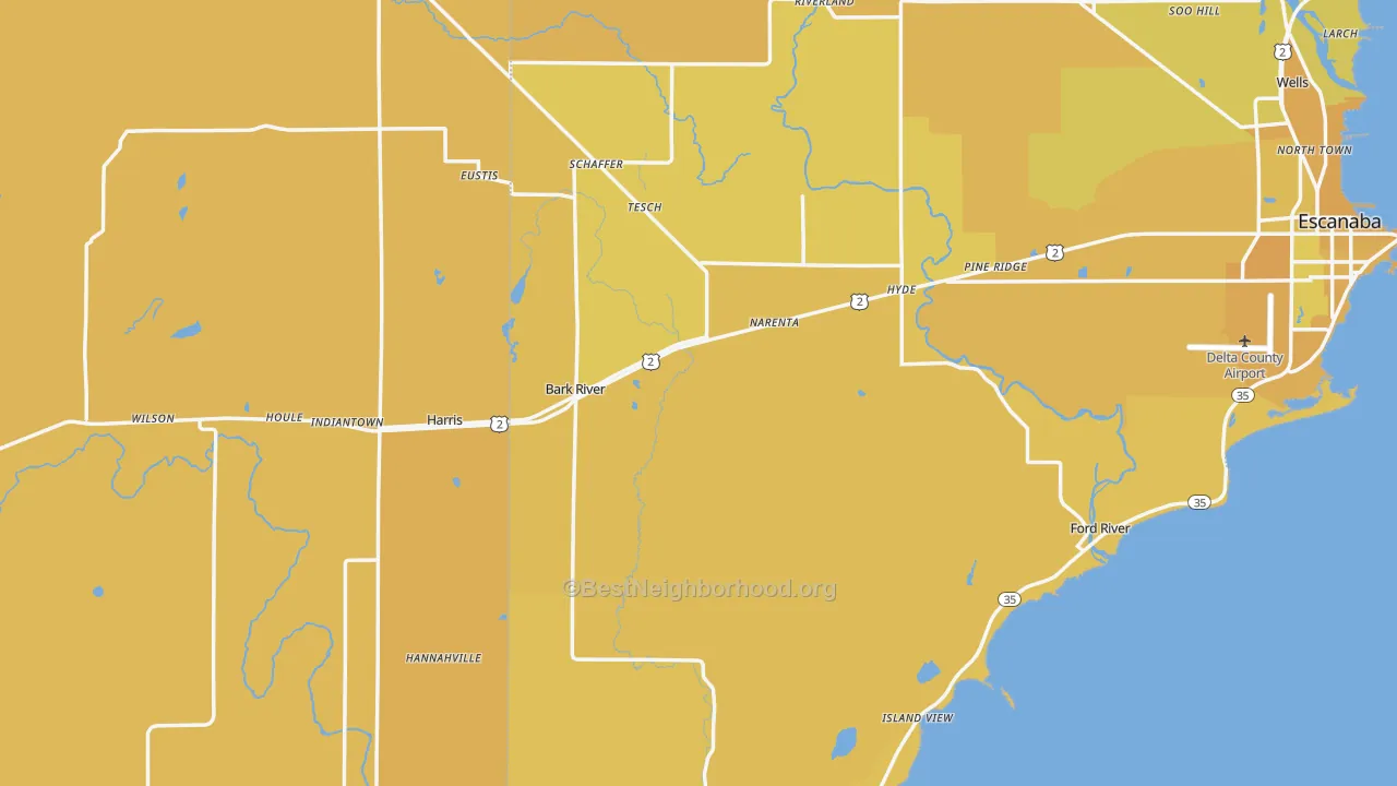 Map of the best neighborhoods in the Bark River area, with better matches in green and worse matches in red