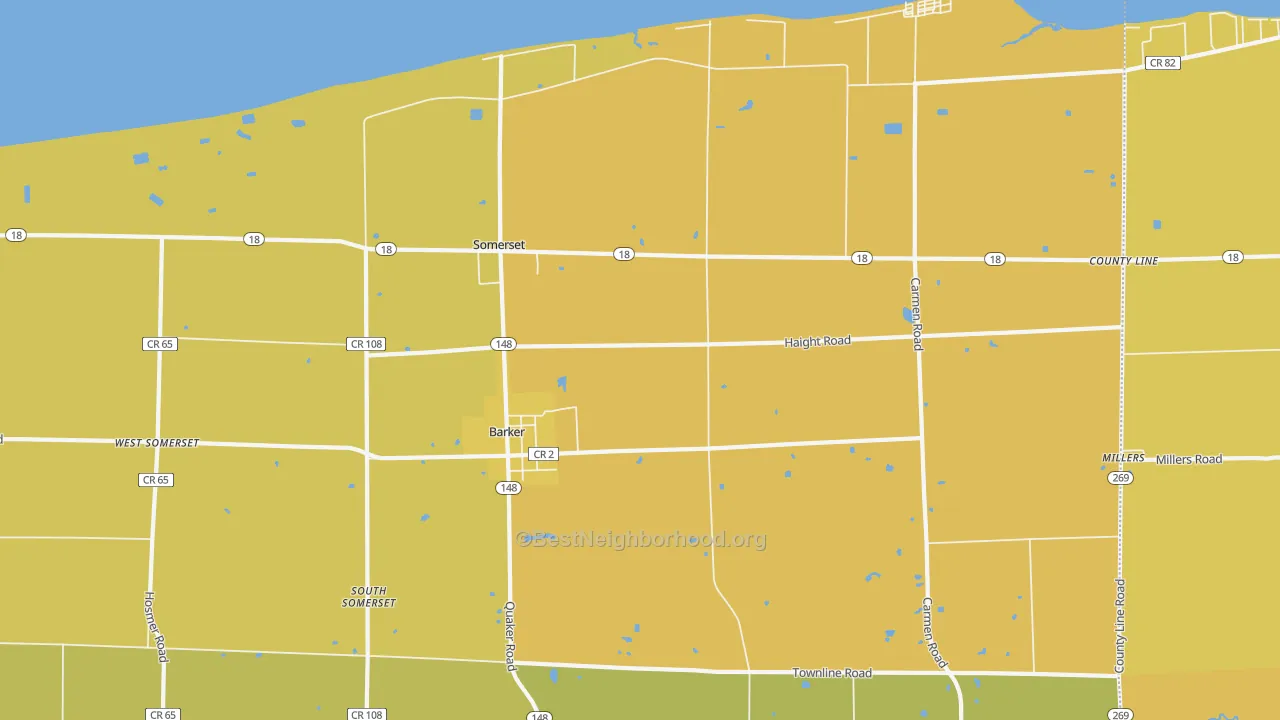 Map of the best neighborhoods in the Barker area, with better matches in green and worse matches in red