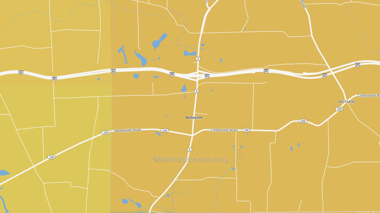 Map of the best neighborhoods in the Barkeyville area, with better matches in green and worse matches in red