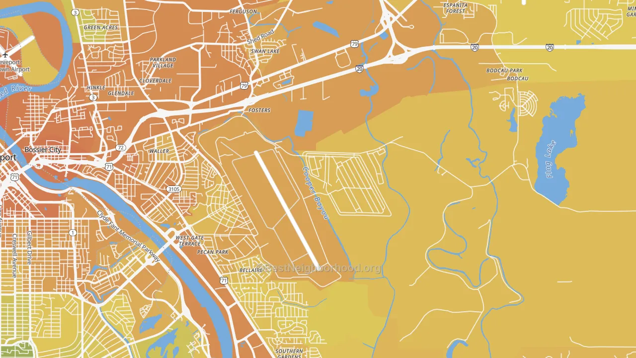 Map of the best neighborhoods in the Barksdale Afb area, with better matches in green and worse matches in red