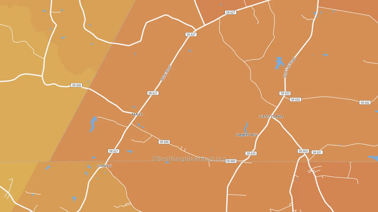 Map of the best neighborhoods in the Barley area, with better matches in green and worse matches in red