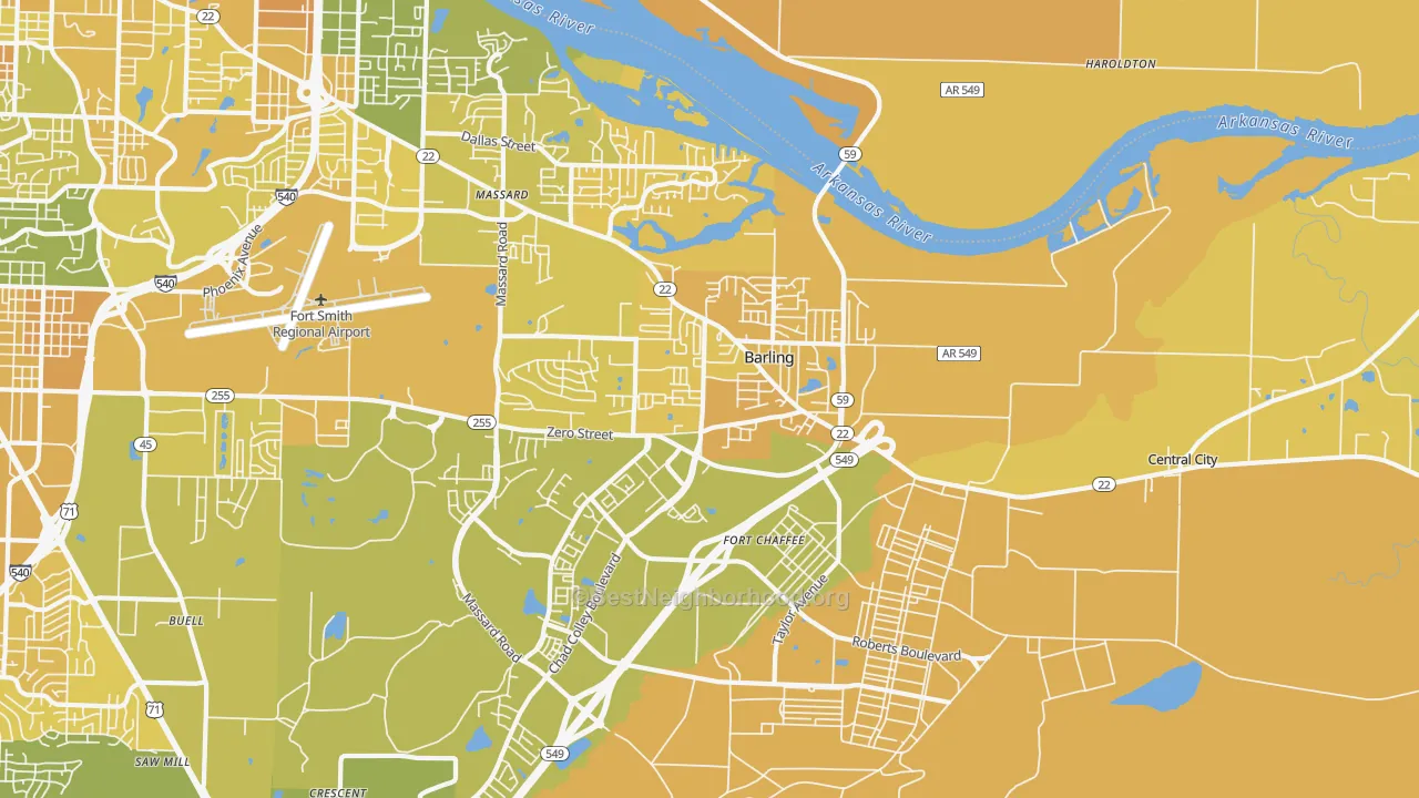 Map of the best neighborhoods in the Barling area, with better matches in green and worse matches in red