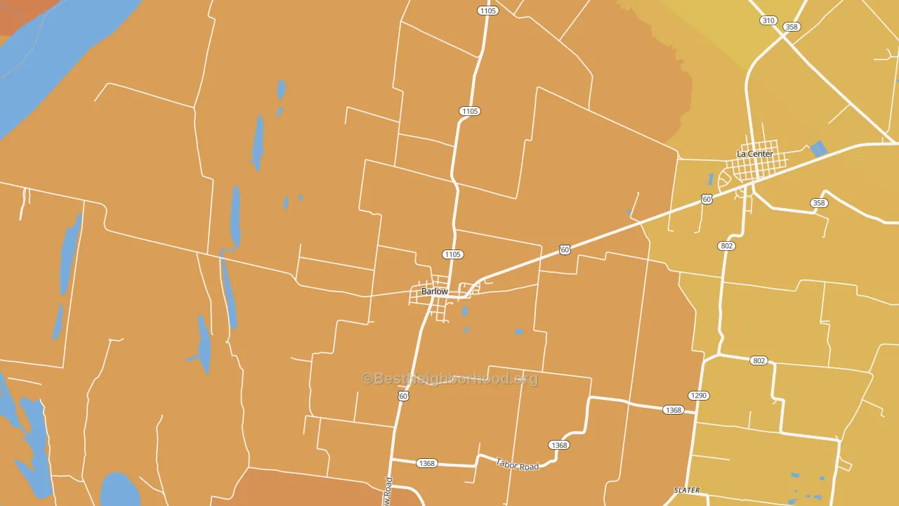 Map of the best neighborhoods in the Barlow area, with better matches in green and worse matches in red