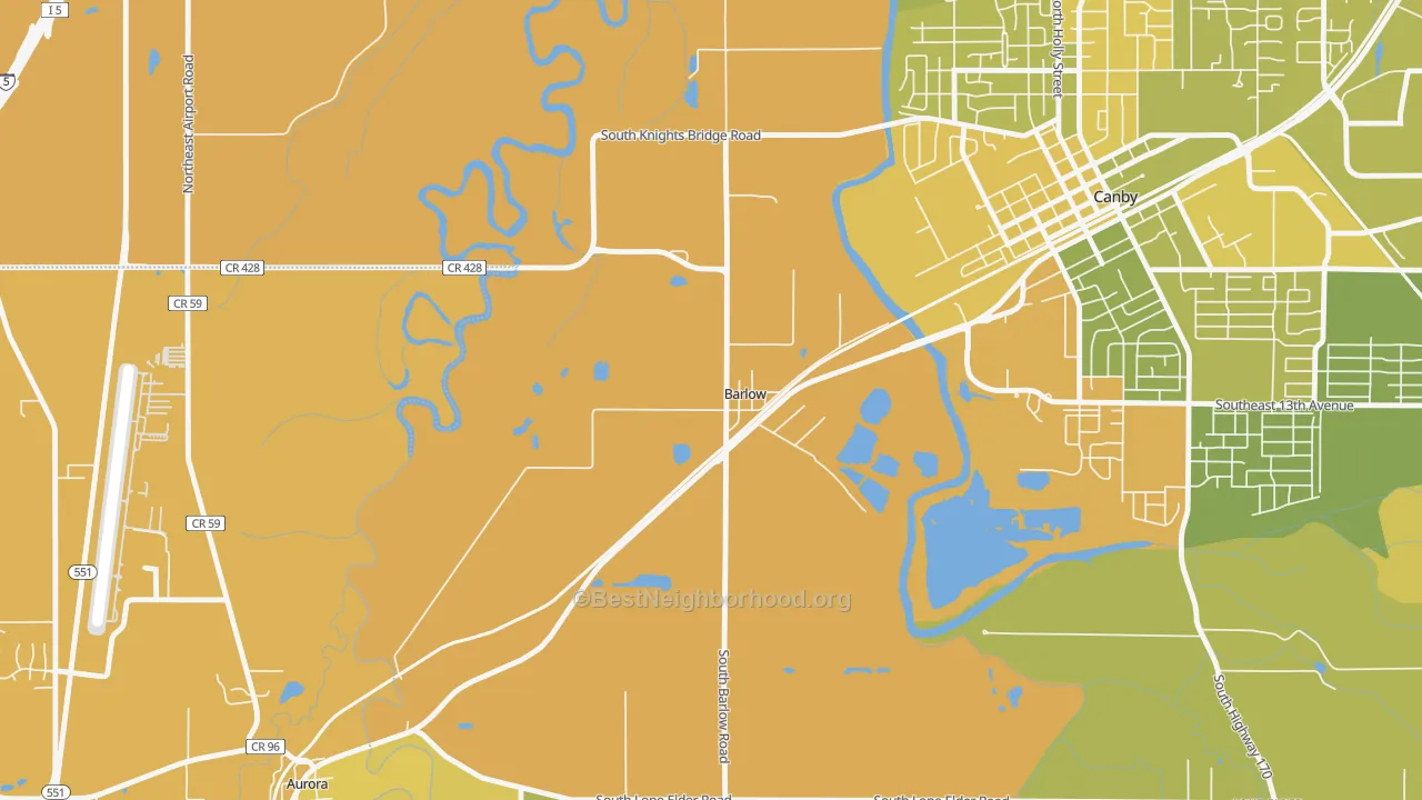 Map of the best neighborhoods in the Barlow area, with better matches in green and worse matches in red