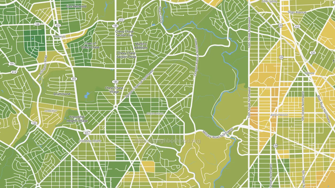 Map of the best neighborhoods in the Barnaby Woods, Washington area, with better matches in green and worse matches in red