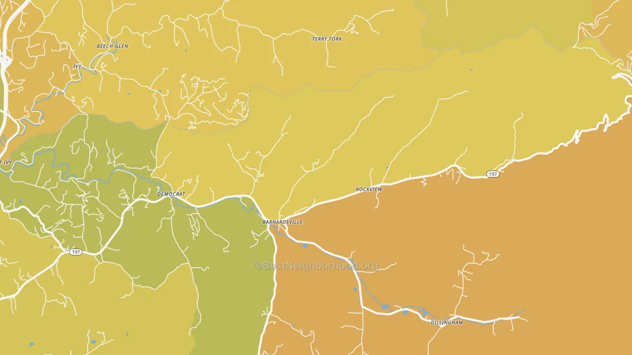 Map of the best neighborhoods in the Barnardsville area, with better matches in green and worse matches in red