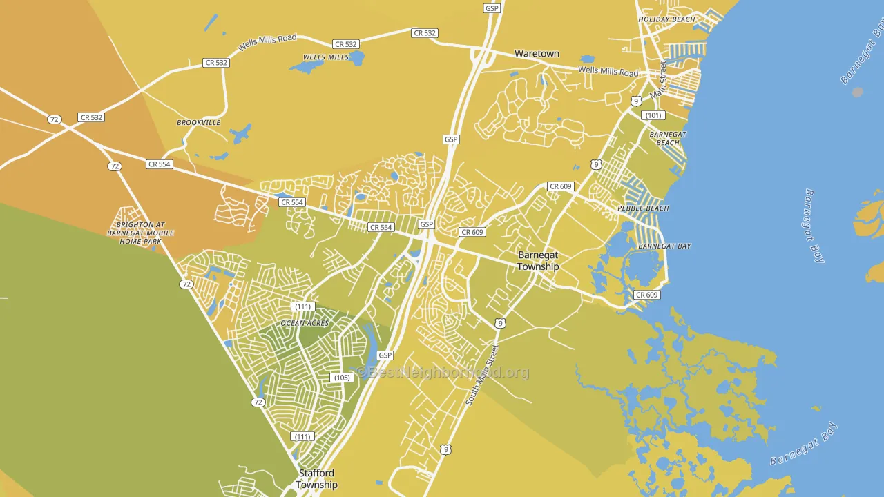 Map of the best neighborhoods in the Barnegat area, with better matches in green and worse matches in red